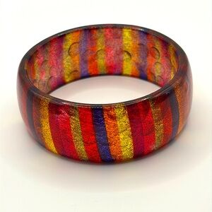 80’s Vintage Lucite Bold Red Yellow Orange Purple Striped Bracelet 7.5-8.5”